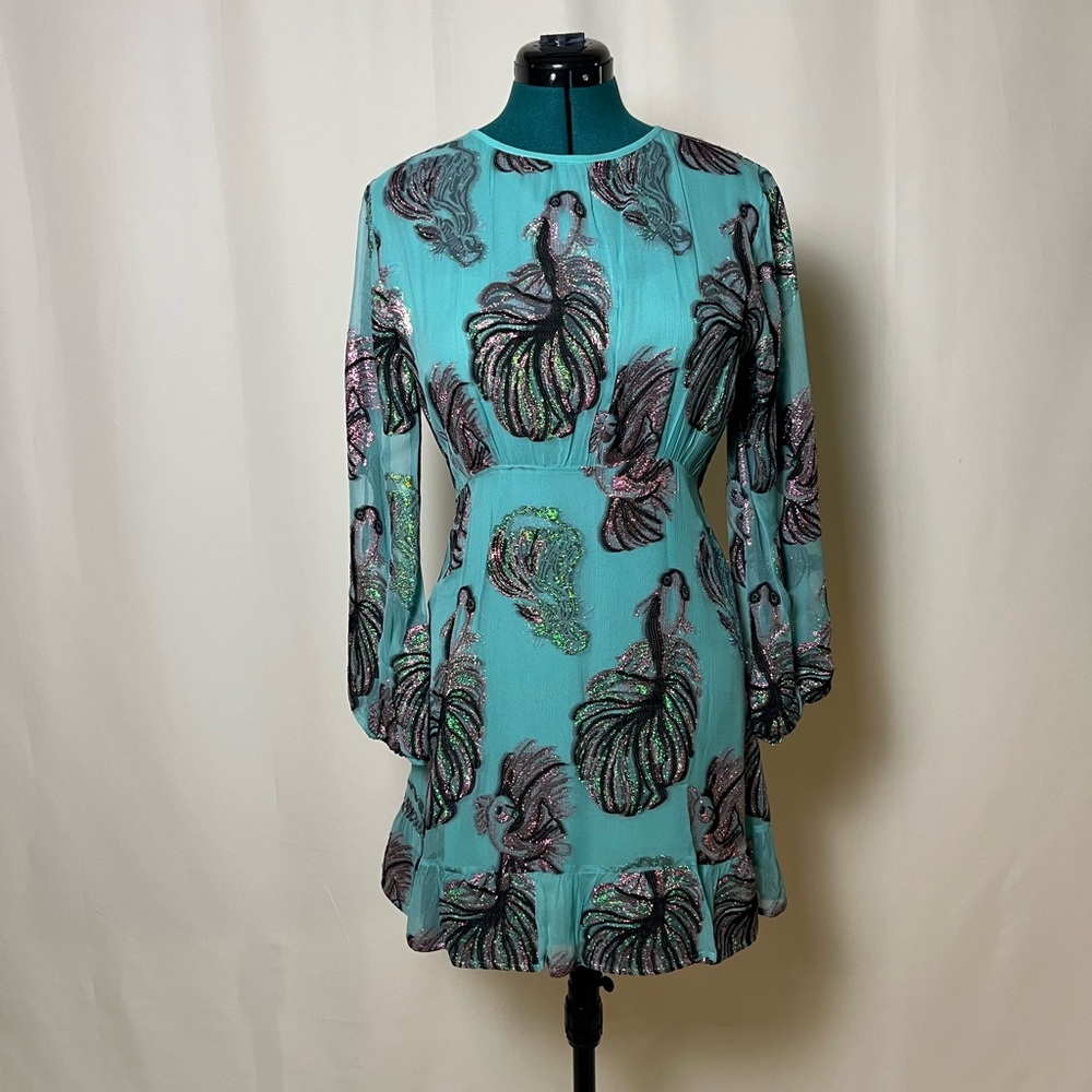 Teal with Embroidery Print Long Sleeve Mini Dress by Cynthia Rowley